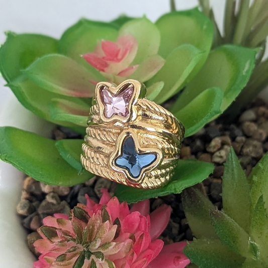 "Let's fly" Ring Gold / Pink and Blue