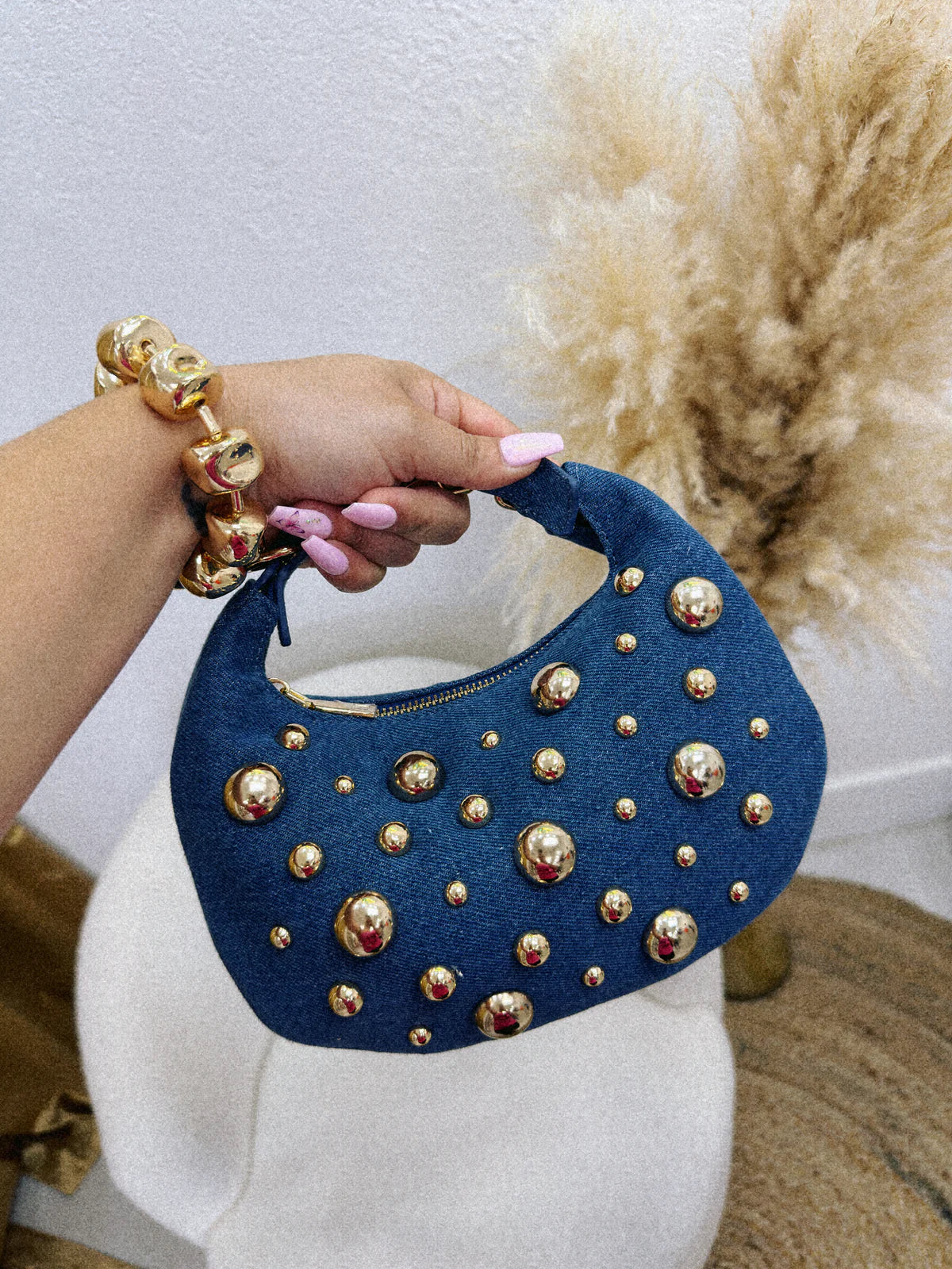 Denim Chic: Jean Tote Bag with Golden Bead Accents