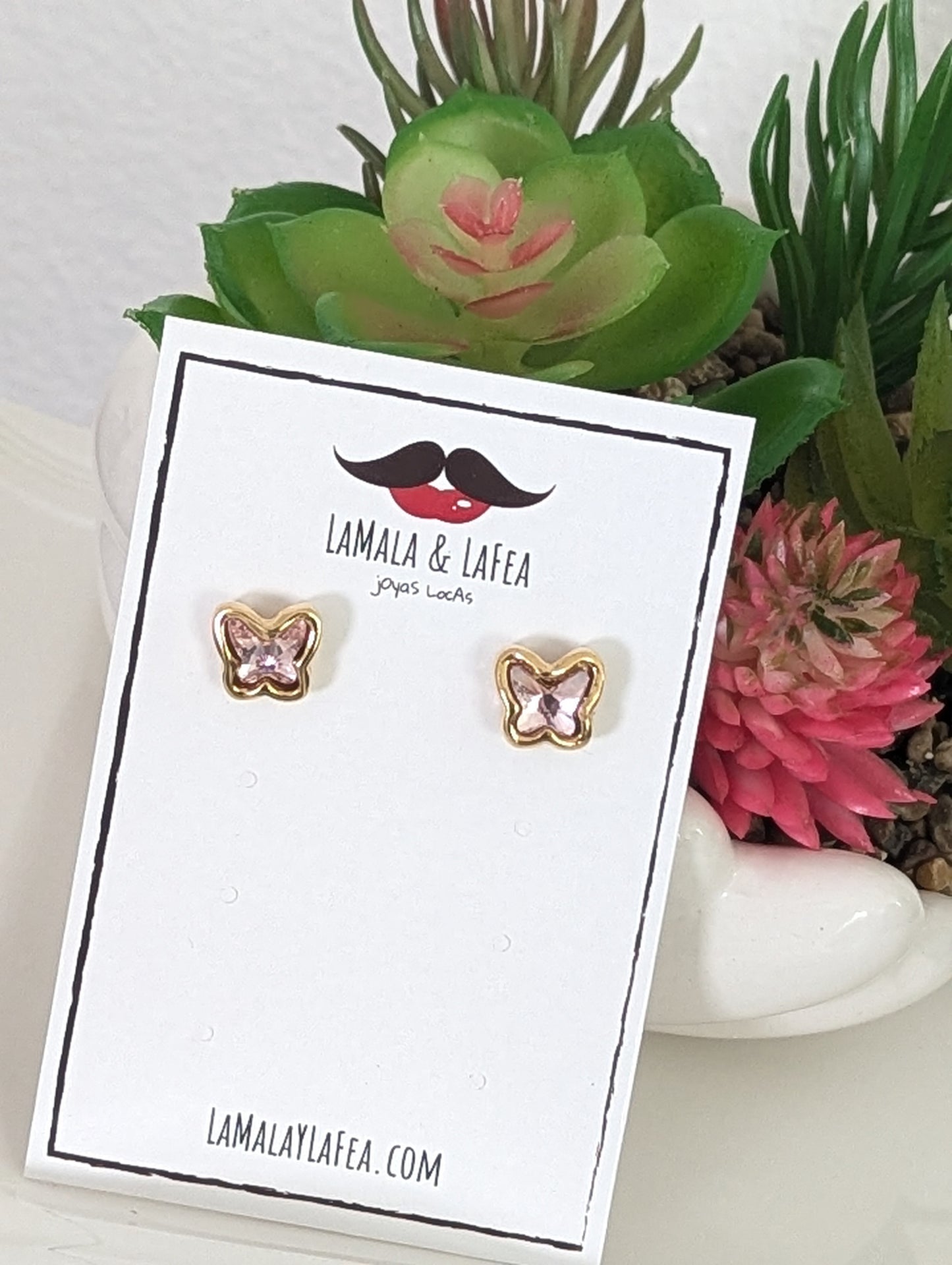 Pink butterfly earrings / Gold