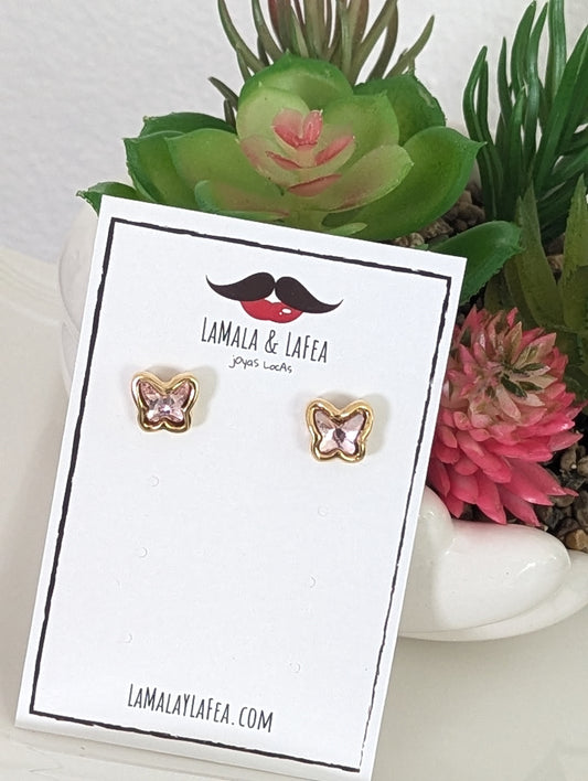 Pink butterfly earrings / Gold