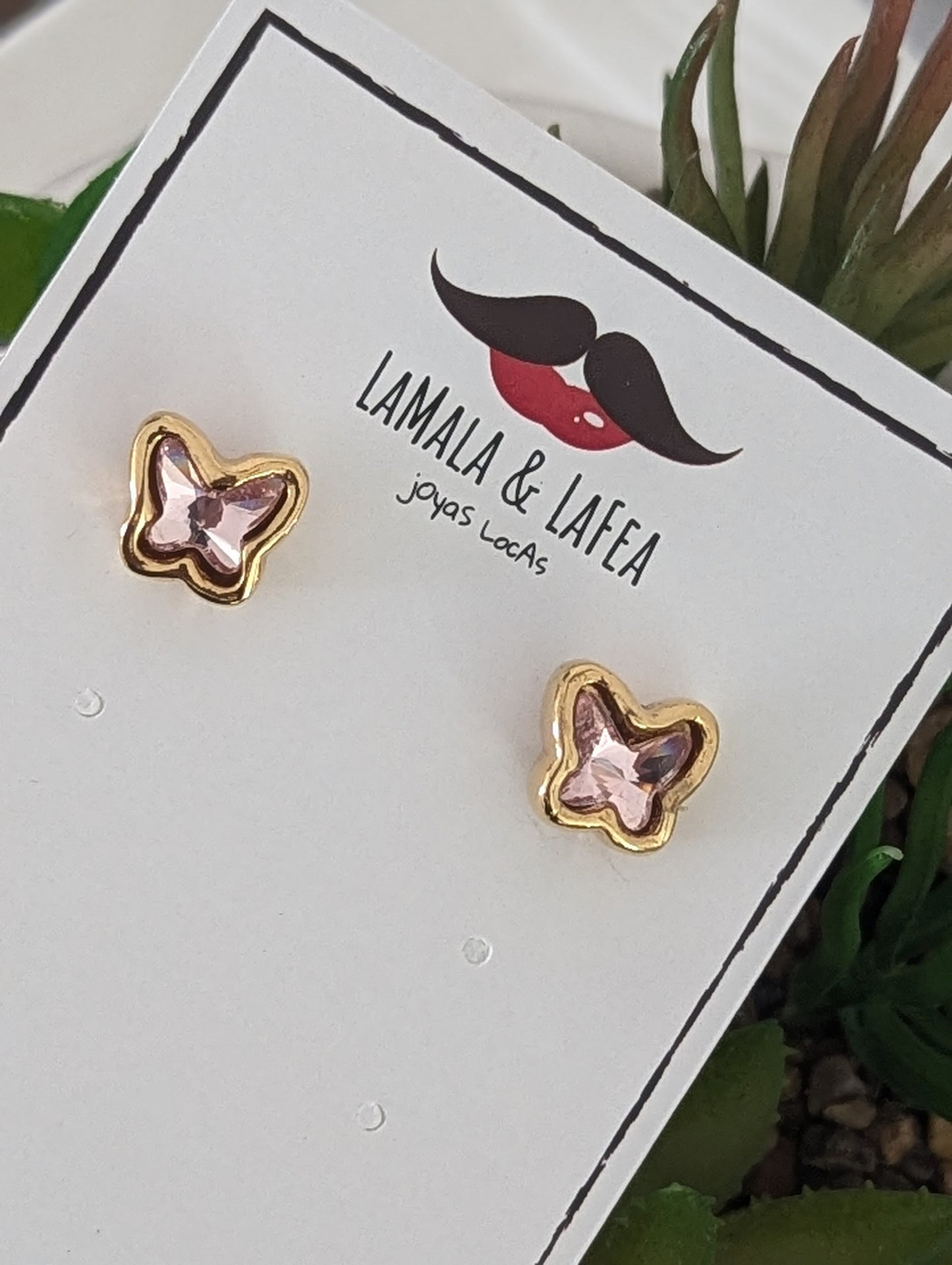 Pink butterfly earrings / Gold