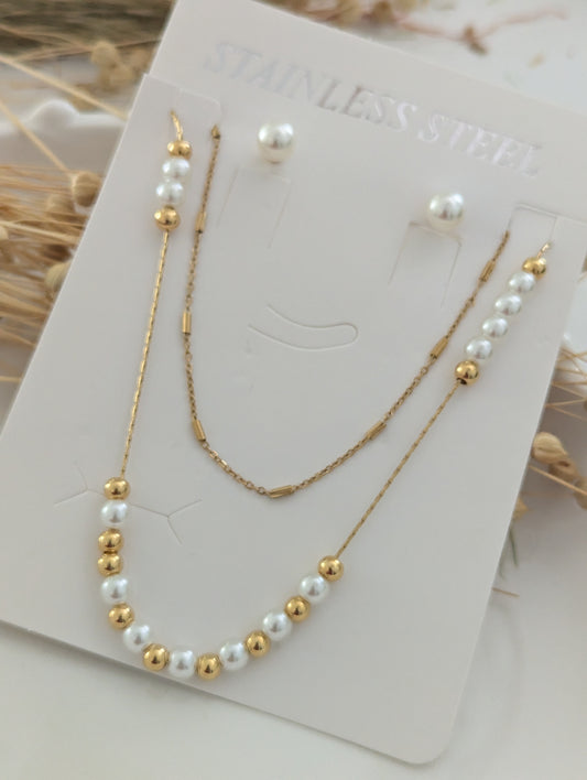 S.Steel two-layer necklace and earrings set